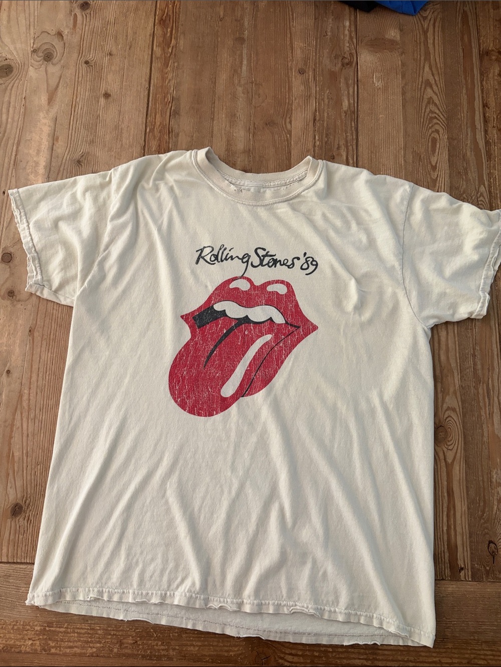 the Rolling Stones Cream Short Sleeve Tee with Red Tongue Graphic distressed
